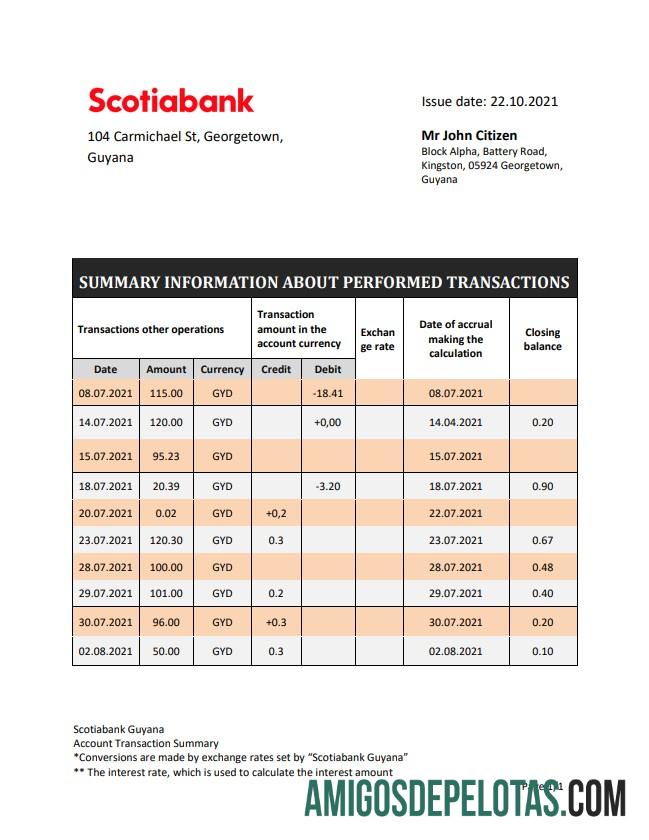 Exemplo de declaração do Banco da Guiana da Nova Escócia